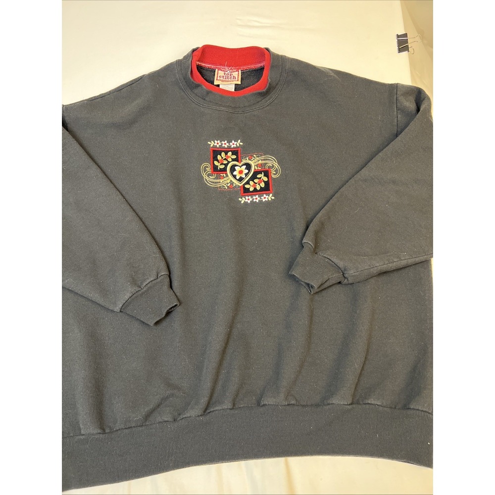 Top Stitch Morning Sun Vintage Sweatshirt Womens 2XL Black Heart Floral Pullover